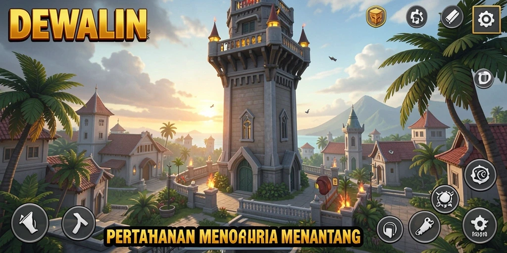 Tampilan gameplay DEWALIN menampilkan pertahanan menara melawan gelombang musuh.