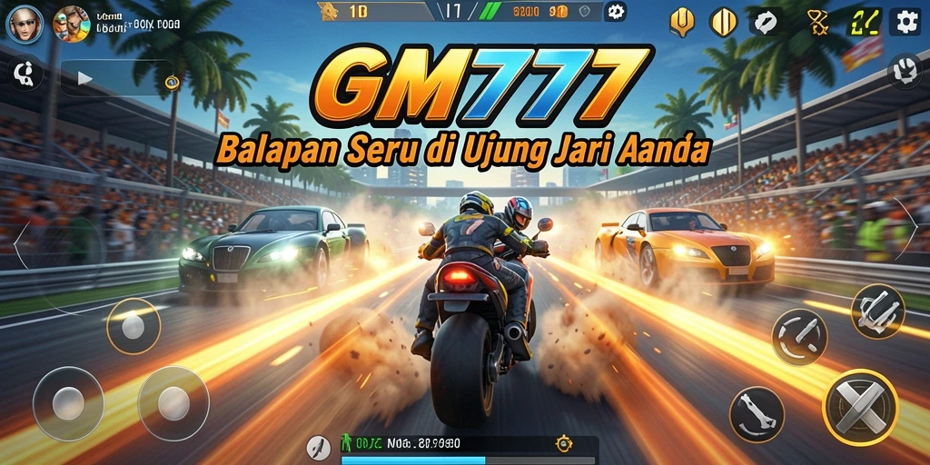 Tampilan gameplay GM777 menampilkan kecepatan balap mendebarkan di lintasan.