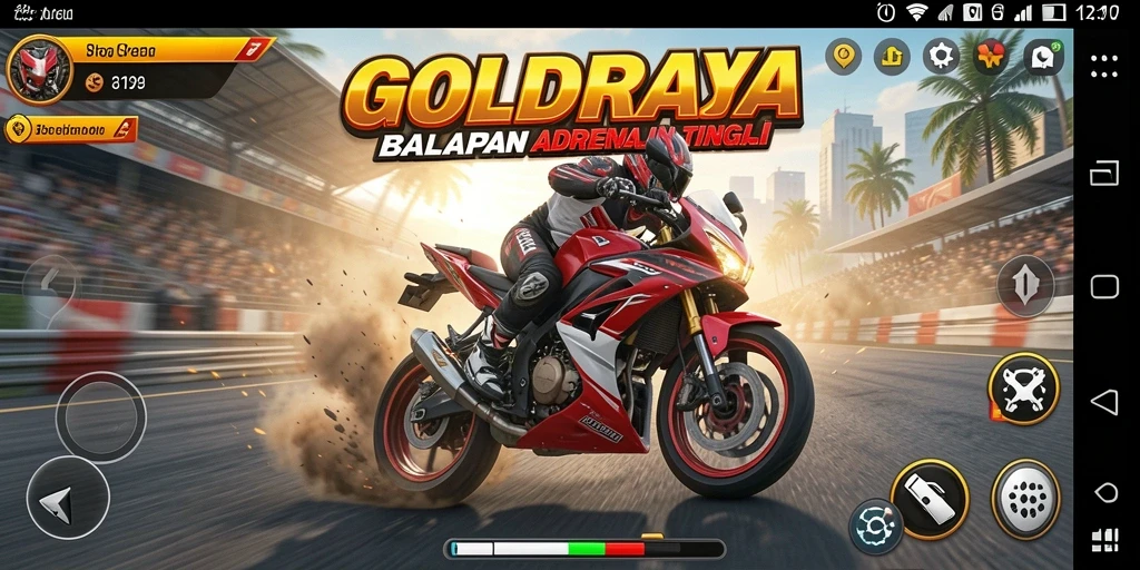 Tampilan utama gameplay <strong>GOLDRAJA</strong> dengan balapan motor yang intens.