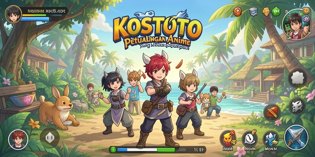 Tampilan gameplay KOSTOTO yang memukau dengan karakter-karakter Anime.